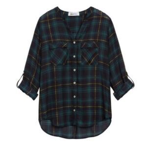 aliceblue x Stitch Fix L Green Black Gold Plaid Button Down Long Sleeve Blouse
